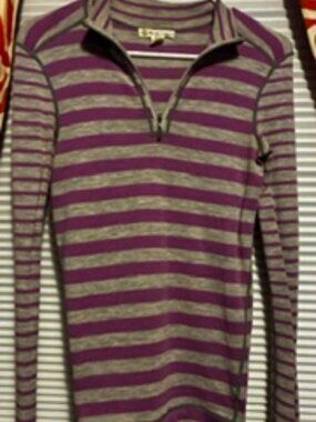 Purple and Gray Stripe zip neck top by Dakini, Merino Wool, Thumb holes,  Small